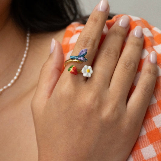 Anillo Pájaro, frutilla y flor