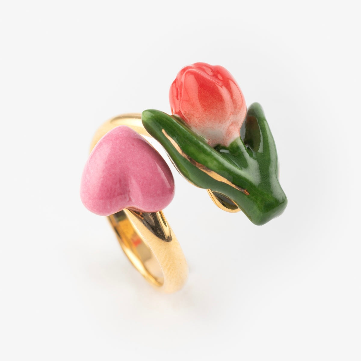 Anillo ajustable «Anillo Tulipán y Corazón» de Nach Bijoux, fabricado en porcelana y metal con baño en oro - diseño francés - Leontina Joyas Chile