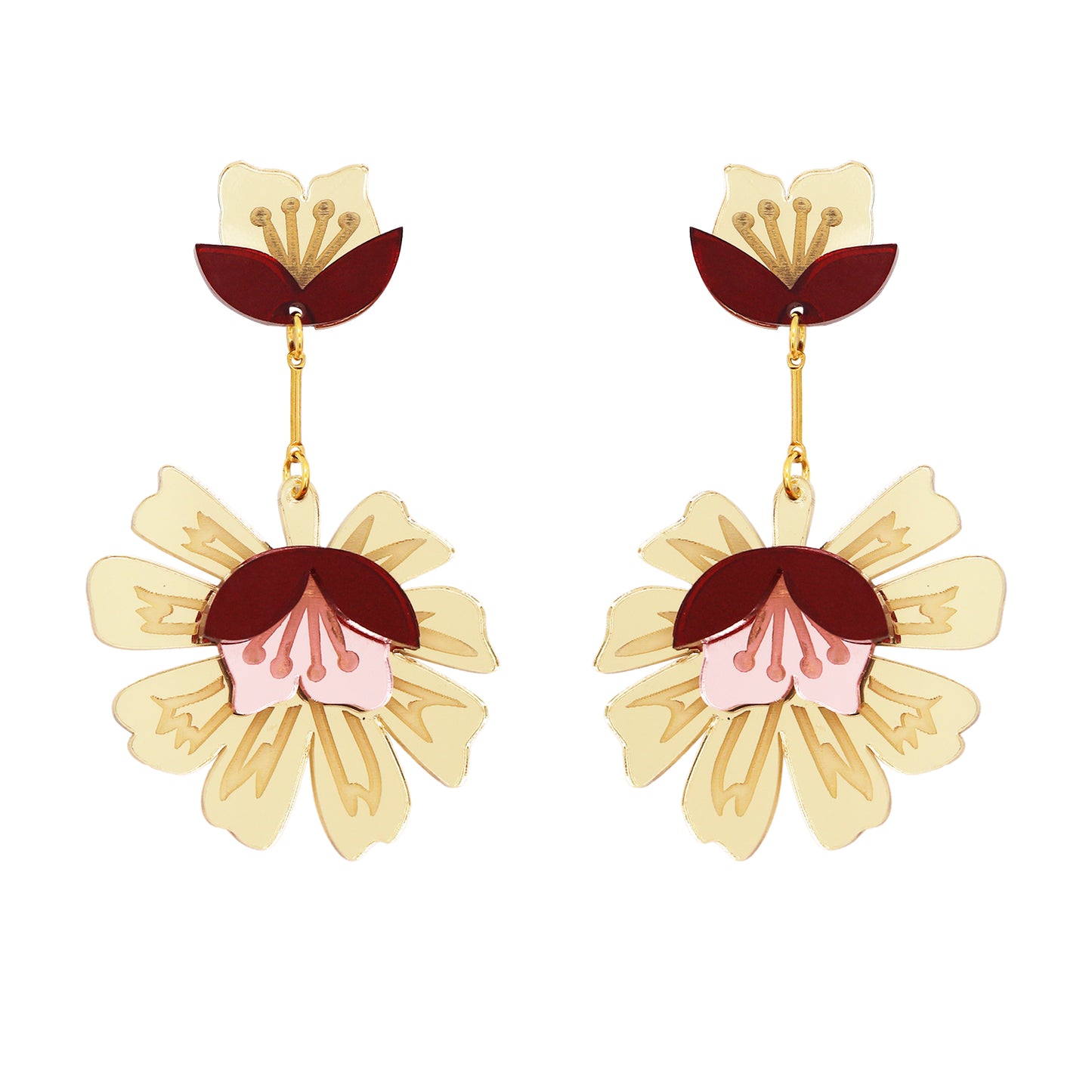 Aros maxi «Sra. Chan Gold» de la marca Papiroga, fabricados en acrílico (metacrilato) con diseño español - Leontina Joyas Chile