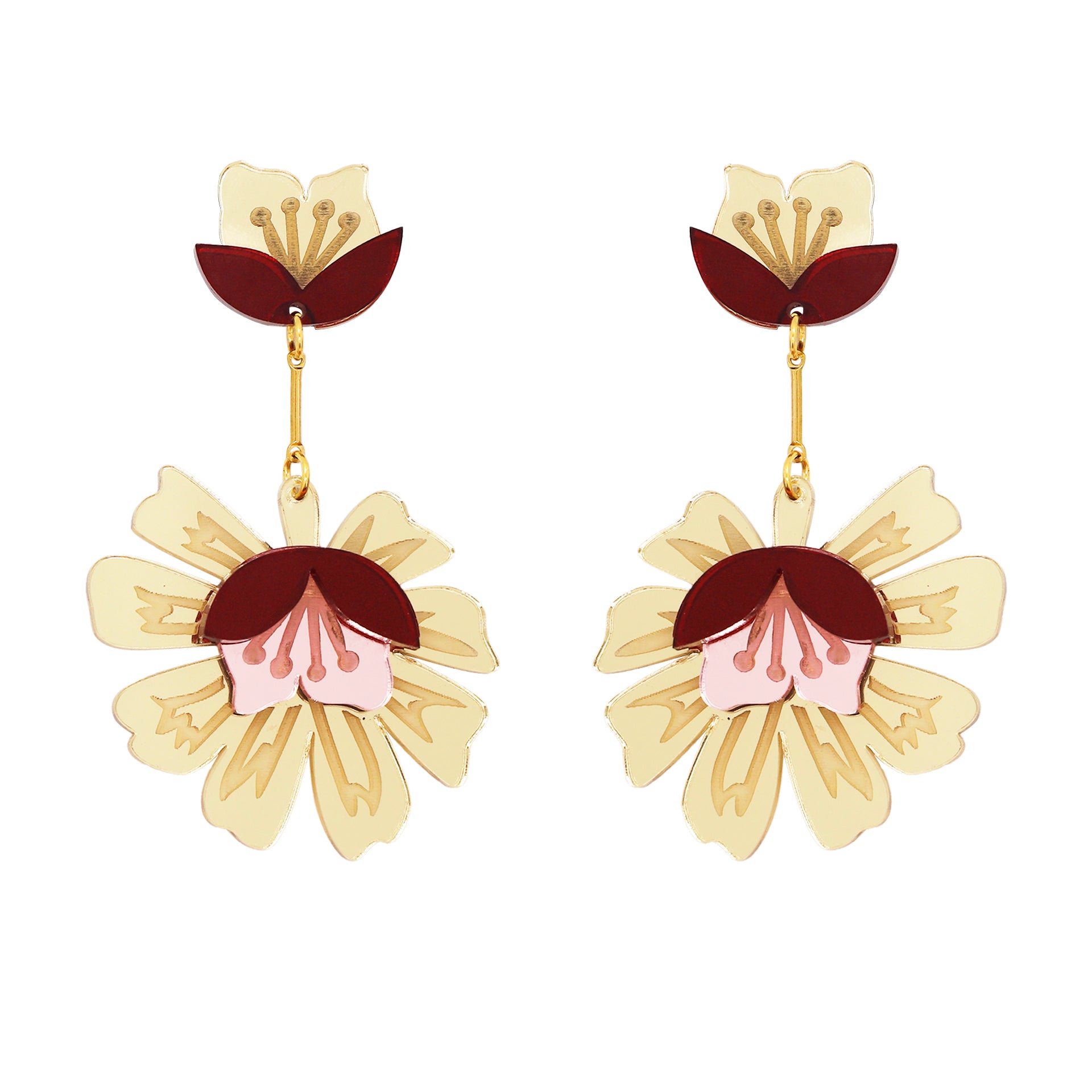 Aros maxi «Sra. Chan Gold» de la marca Papiroga, fabricados en acrílico (metacrilato) con diseño español - Leontina Joyas Chile