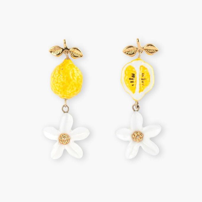 Aros maxi «Aros Limones y Flores Blancas» de Nach Bijoux, en porcelana pintada a mano con diseño francés - Leontina Joyas Chile