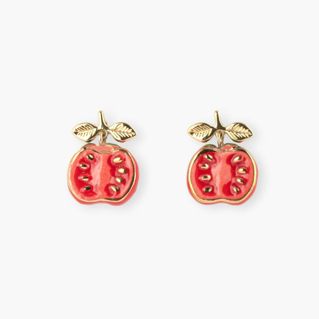 Aros mini «Aros Tomates y Hojas Doradas» de Nach Bijoux, en porcelana pintada a mano con diseño francés - Leontina Joyas Chile