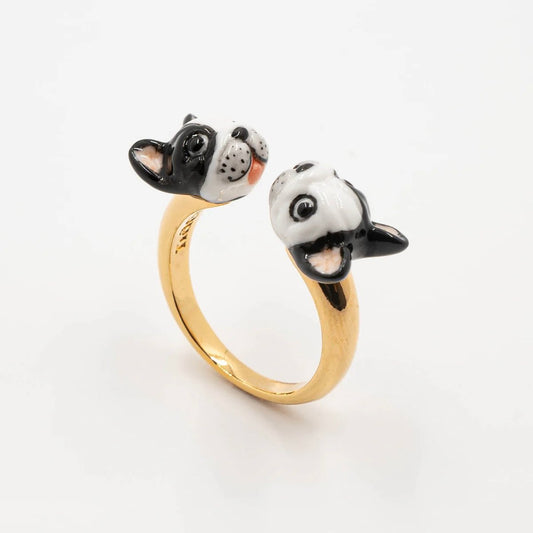 Anillo Bulldog Francés Nach Bijoux, porcelana pintada a mano, diseño francés - Leontina Joyas Chile