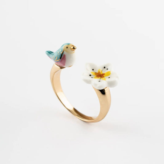 Anillo Pájaro y Flor Nach Bijoux, porcelana pintada a mano, diseño francés - Leontina Joyas Chile