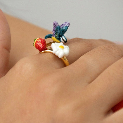 Anillo Pájaro, frutilla y flor - Leontina Joyas