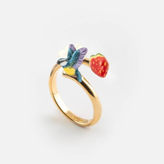 Anillo Pájaro, frutilla y flor Nach Bijoux, porcelana pintada a mano, diseño francés - Leontina Joyas Chile