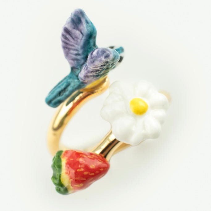 Anillo Pájaro, frutilla y flor - Leontina Joyas