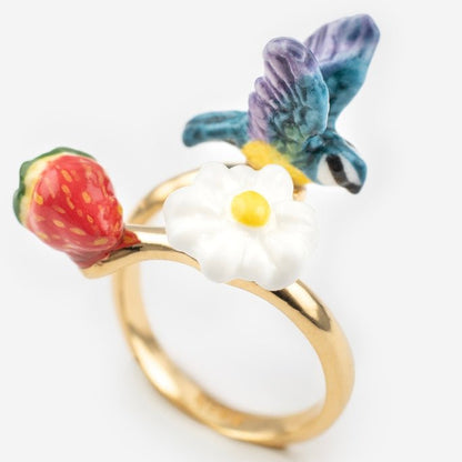Anillo Pájaro, frutilla y flor - Leontina Joyas