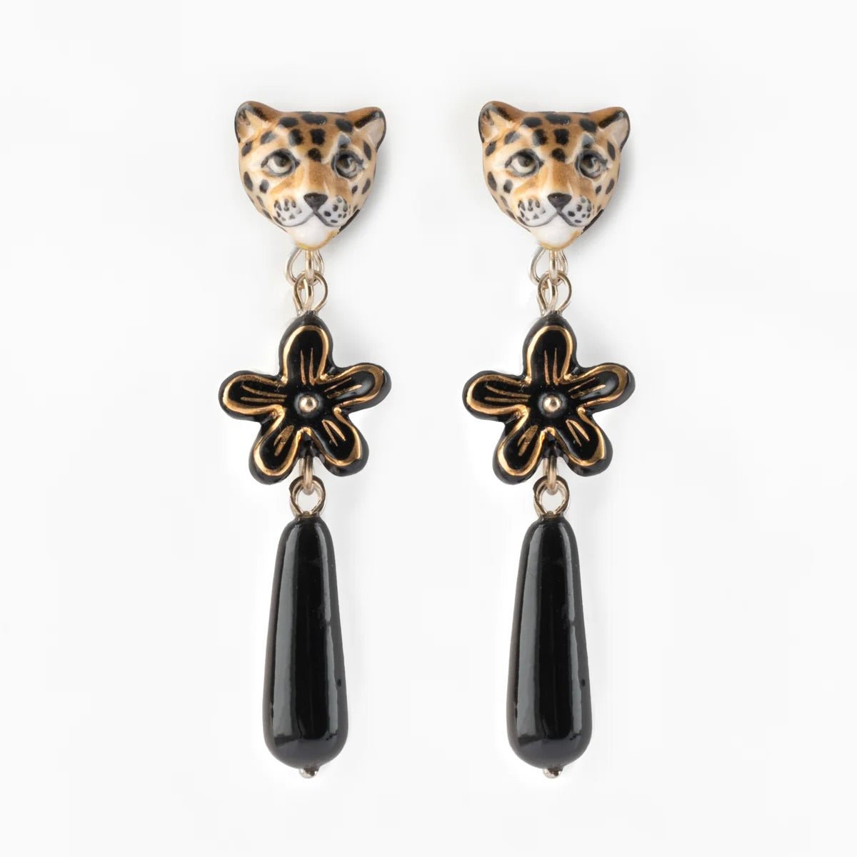Aros Leopardo y Flor Erine Nach Bijoux, porcelana pintada a mano - Leontina Joyas Chile