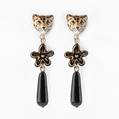 Aros Leopardo y Flor Erine Nach Bijoux, porcelana pintada a mano - Leontina Joyas Chile
