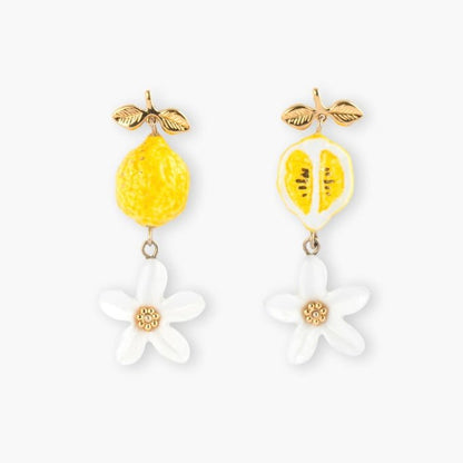 Aros Limones y Flores Blancas Nach Bijoux, porcelana pintada a mano - Leontina Joyas Chile