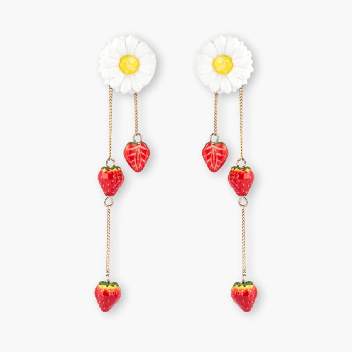 Aros Margaritas y Frutillas Nach Bijoux, porcelana pintada a mano - Leontina Joyas Chile