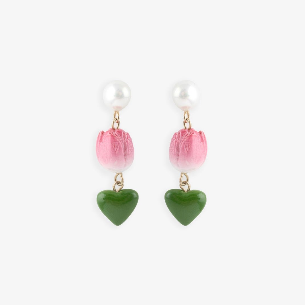 Aros Tulipán y Corazón Nach Bijoux, porcelana pintada a mano - Leontina Joyas Chile