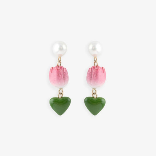 Aros Tulipán y Corazón Nach Bijoux, porcelana pintada a mano - Leontina Joyas Chile