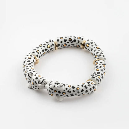 Brazalete Leopardos Blancos Nach Bijoux, porcelana pintada a mano - Leontina Joyas Chile