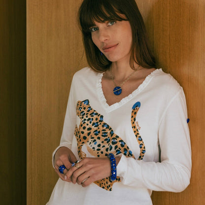 Brazalete Maxi Leopardo Azul y Dorado - Leontina Joyas