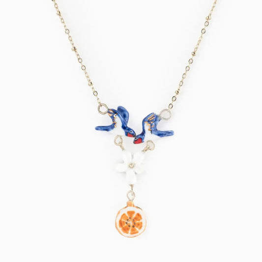 Collar Golondrinas y Naranja Nach Bijoux, porcelana pintada a mano - Leontina Joyas Chile